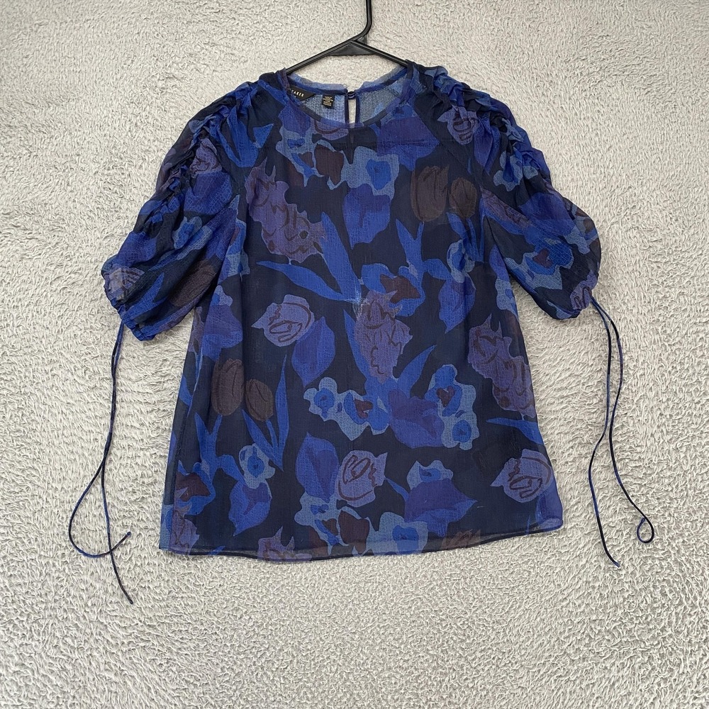Ted Baker Nixole Top Womens 1 / Small‎ Floral Sheer Puff Sleeve Ruffle Blouse